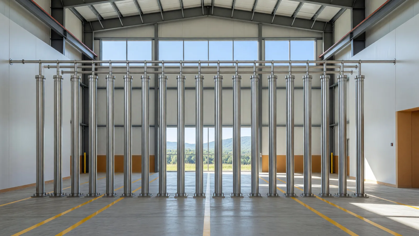 A row of tall gas centrifuge columns in a bright pilot-plant hall in the Tennessee hills: NNSA has obligated $266.7 million on BWXT's DUECE enrichment pilot plant task order. Illustration: NNN