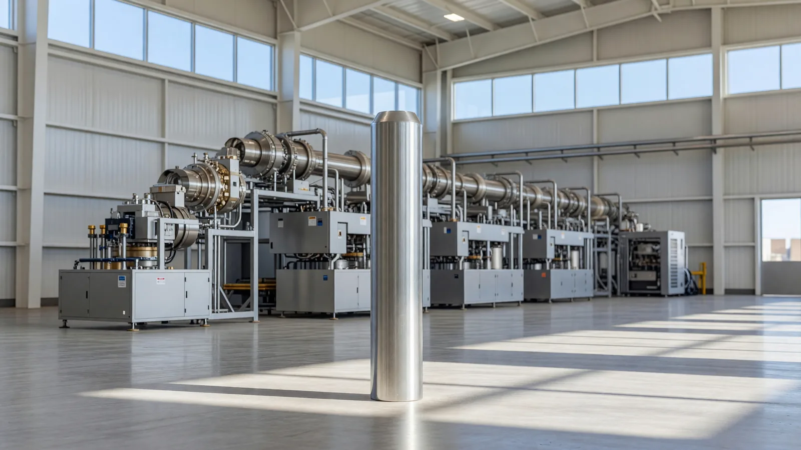 A HALEU fuel cylinder on the floor of the American Centrifuge Plant in Piketon, Ohio, with centrifuge cascades behind it. Centrus will supply Radiant's Kaleidos microreactors under a multi-year contract. Illustration: NNN