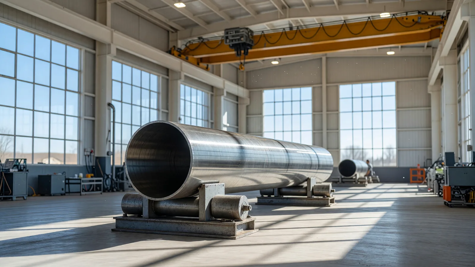 A polished steel cylindrical casing on fabrication rollers in a sunlit factory hall, representing Centrus Energy's $116 million acquisition of centrifuge-casing supplier Westerman. Illustration: NNN