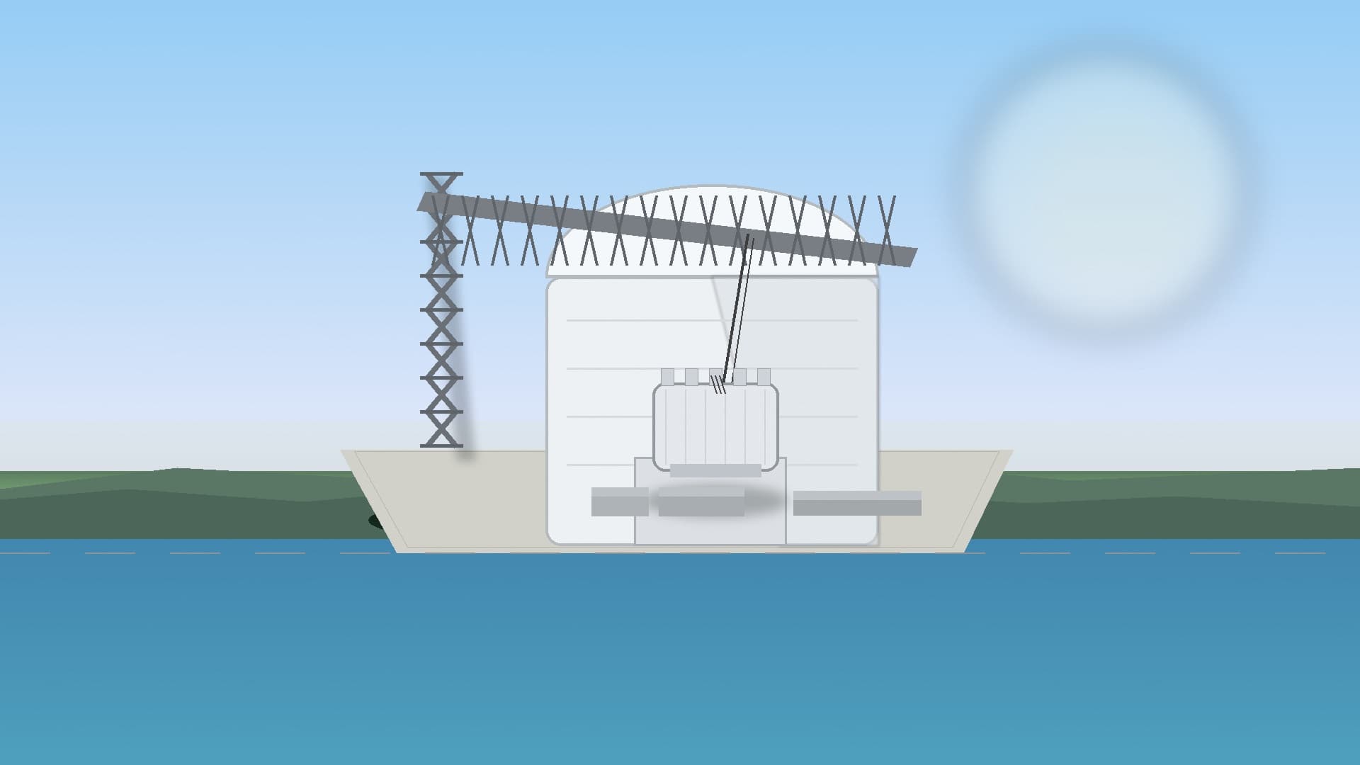 A gantry crane lowers a reactor vessel into the Lufeng unit 1 nuclear island on Guangdong's coast, illustrating China General Nuclear's installation milestone. Illustration: NNN