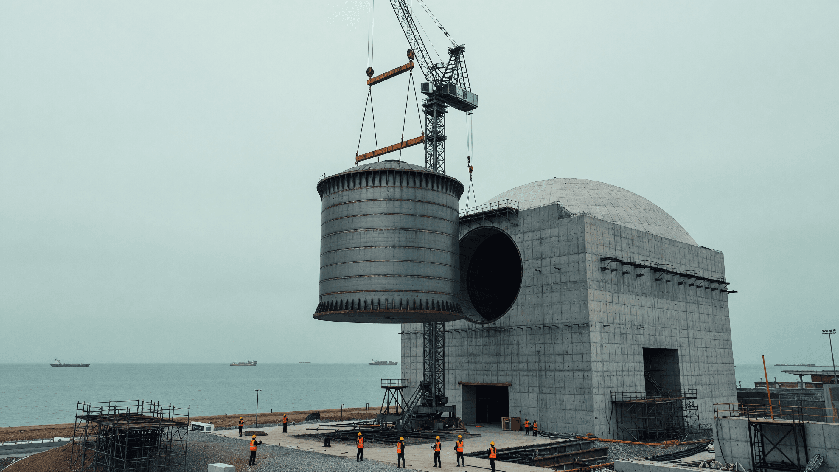 A heavy-lift crane lowers the reactor pressure vessel into Lufeng unit 1's containment on Guangdong's coast. Illustration: NNN