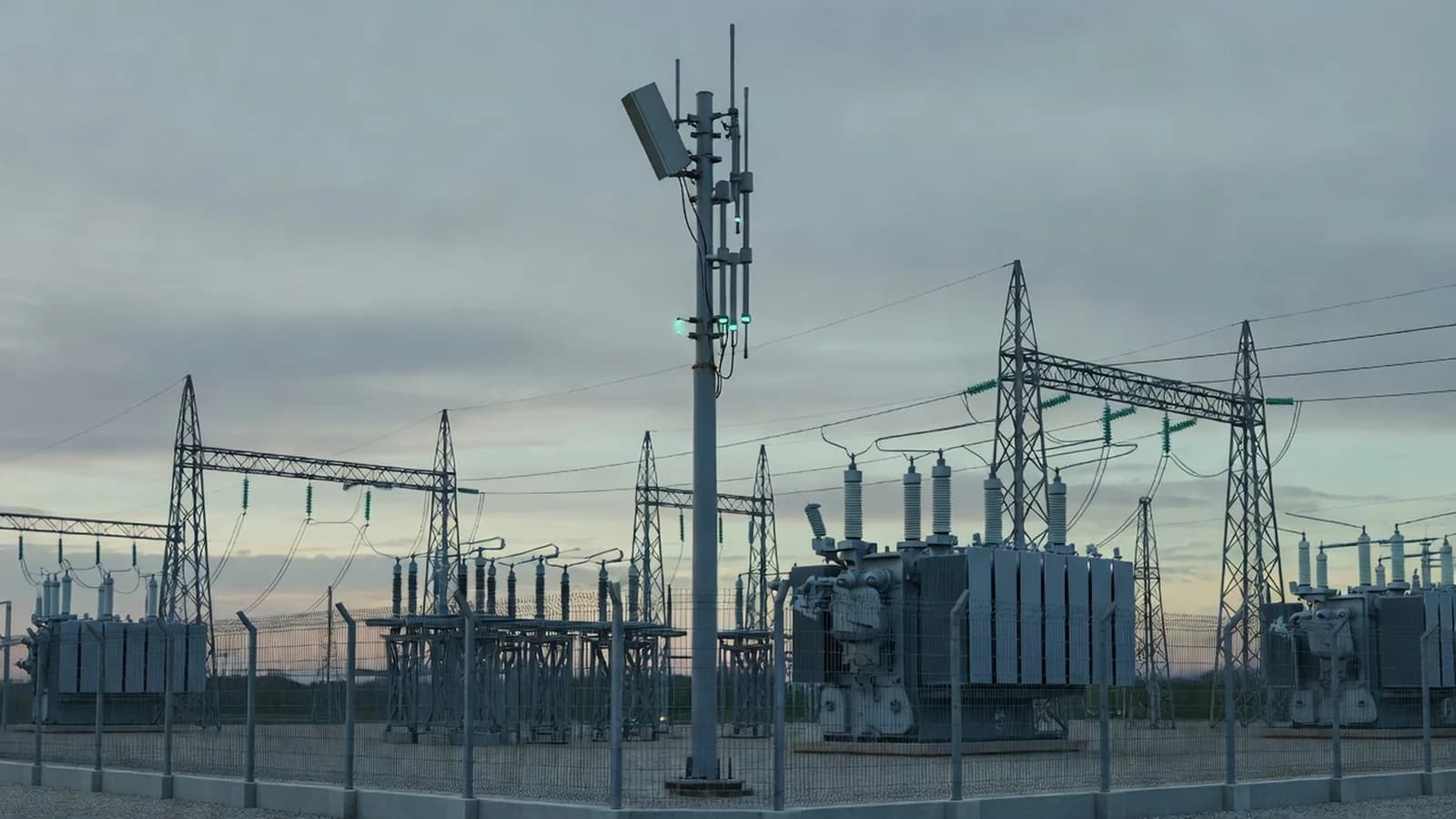 A counter-drone sensor mast with radar and radio-frequency antennas overlooking an electrical substation at dusk — the layered detection stack now guarding energy infrastructure. Illustration: NNN.