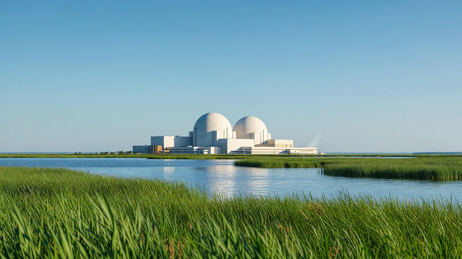 A nuclear station with twin containment domes across green coastal marshland under a clear blue sky — New Jersey's 1,100 MW procurement leads today's brief. Illustration: NNN