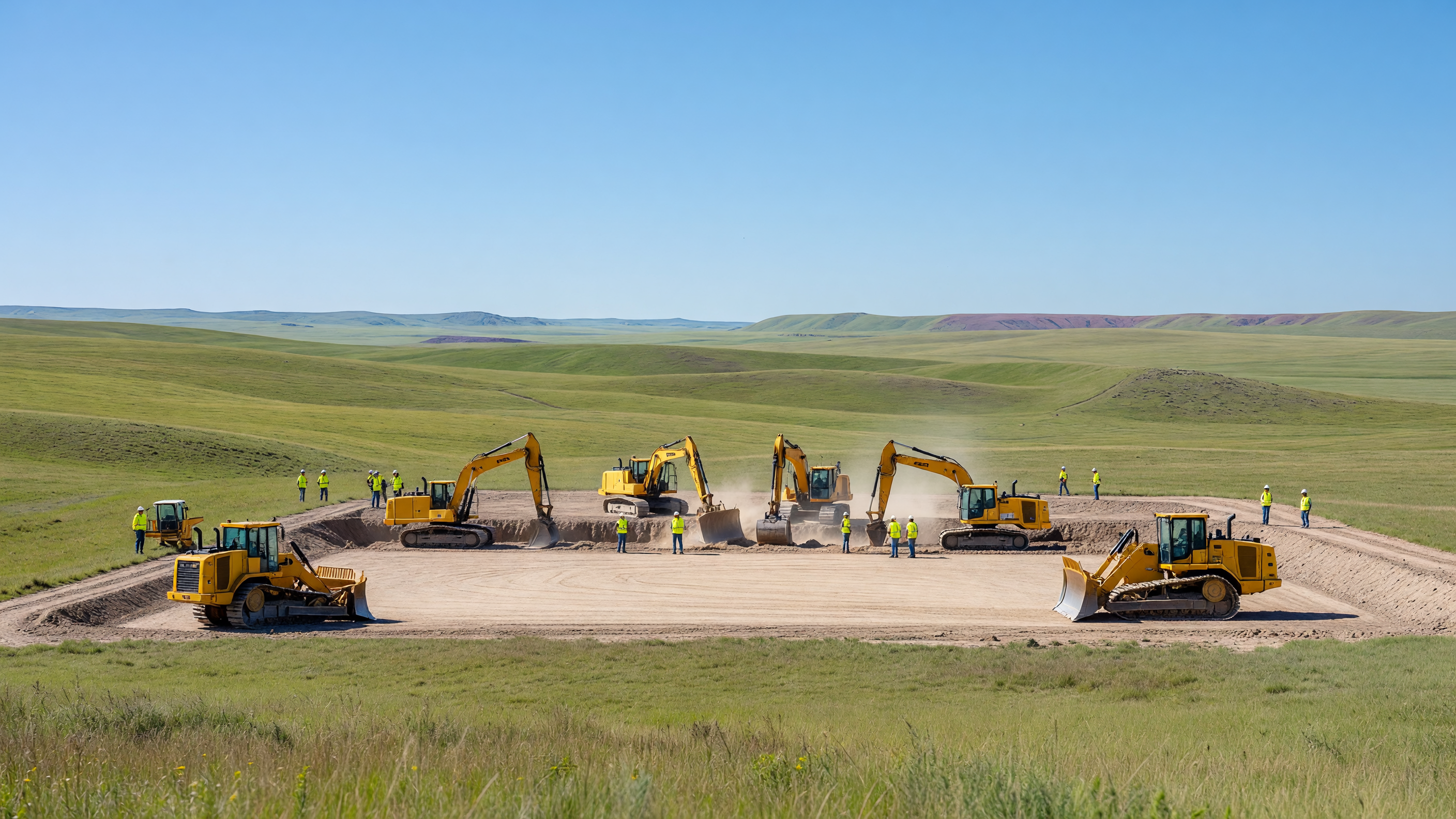 Earthmovers cutting a foundation on the green Wyoming high plains under a clear blue sky — TerraPower's Kemmerer excavation leads today's brief. Illustration: NNN