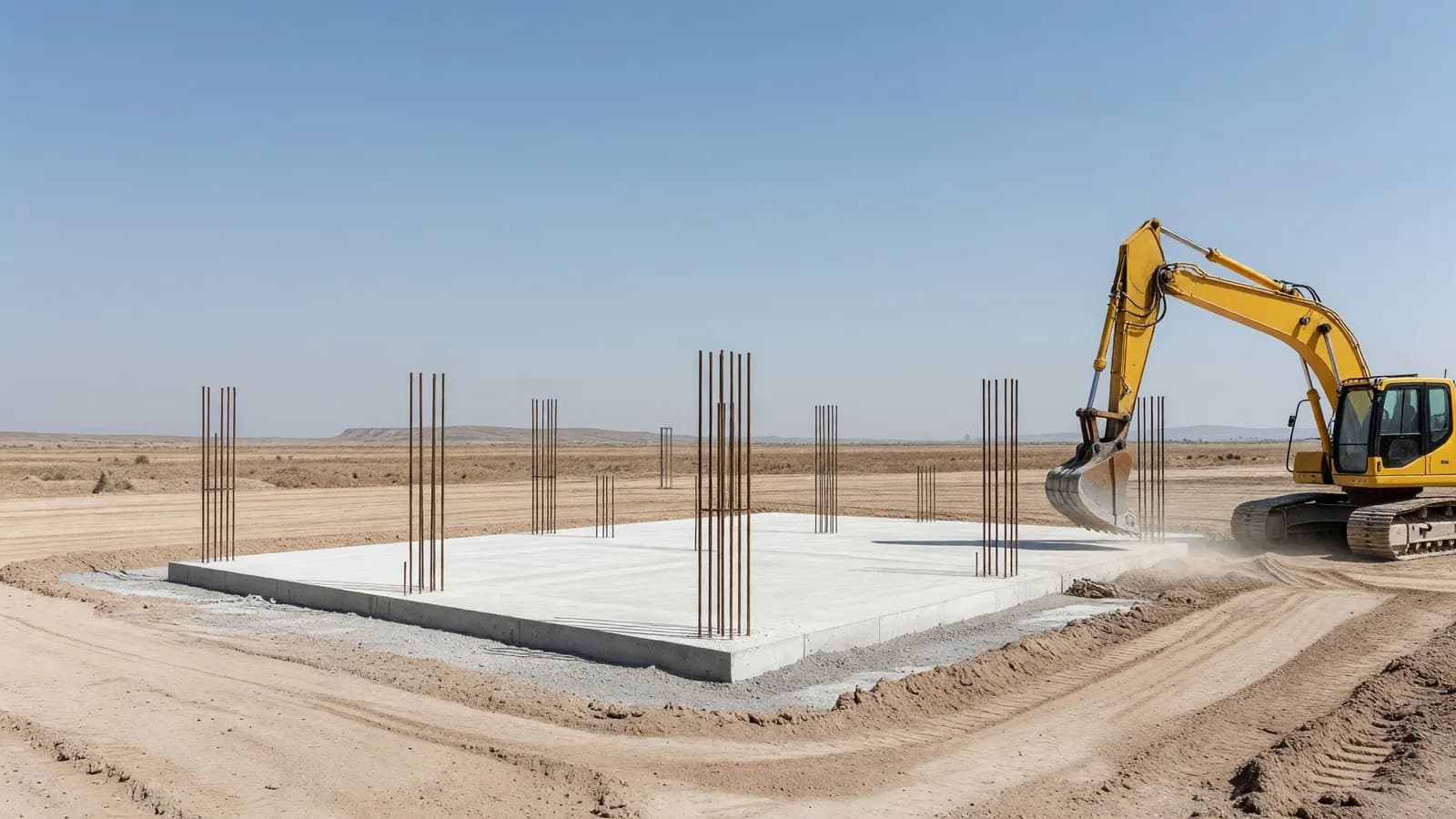 A concrete foundation pad with rebar and an excavator at an Indian nuclear site under a clear blue sky — the Mahi Banswara PHWR procurement leads today's brief. Illustration: NNN