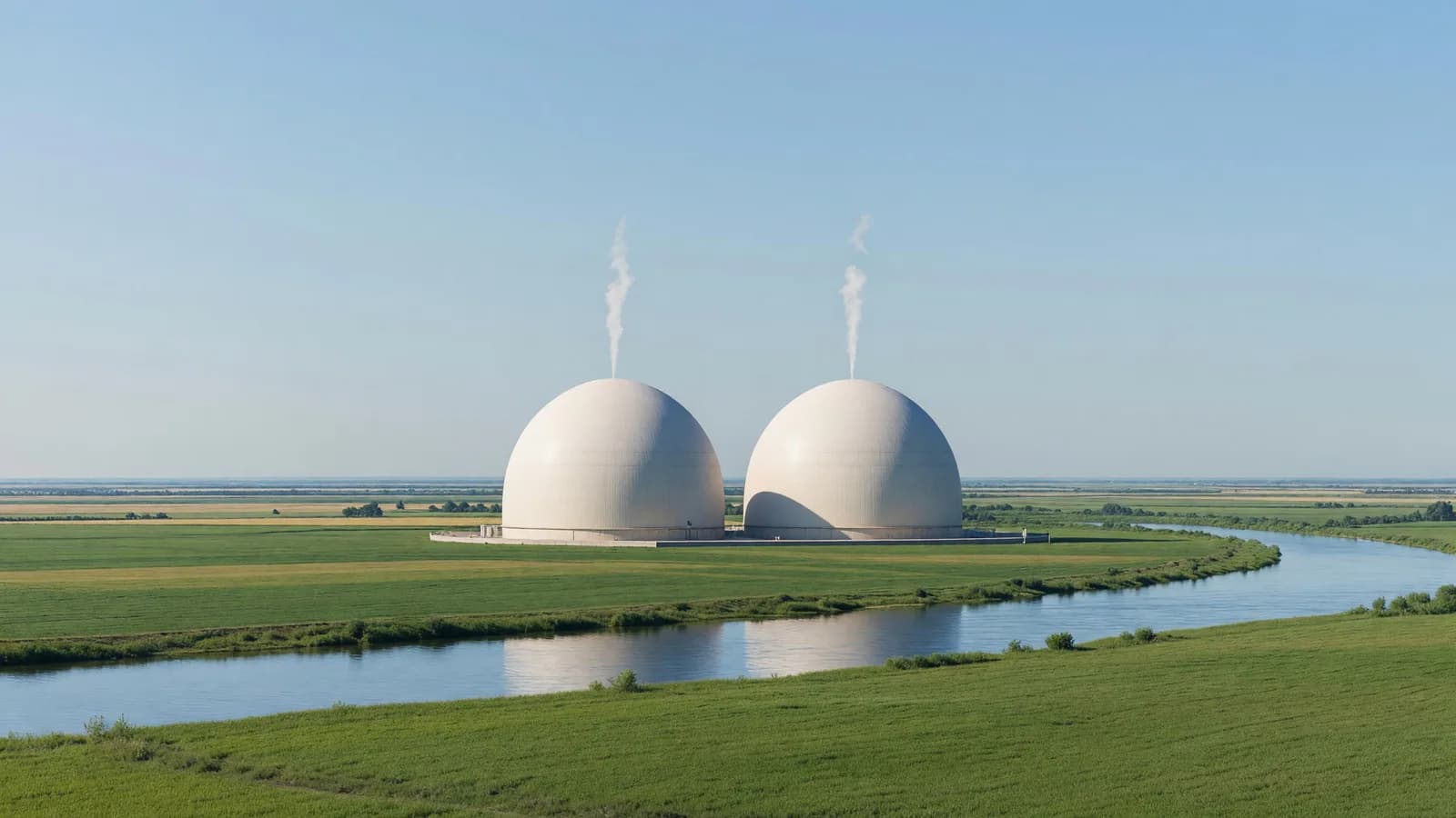 Two nuclear units with containment domes across a green river plain under a clear blue sky — Bulgaria's Kozloduy AP1000 commitment leads today's brief. Illustration: NNN