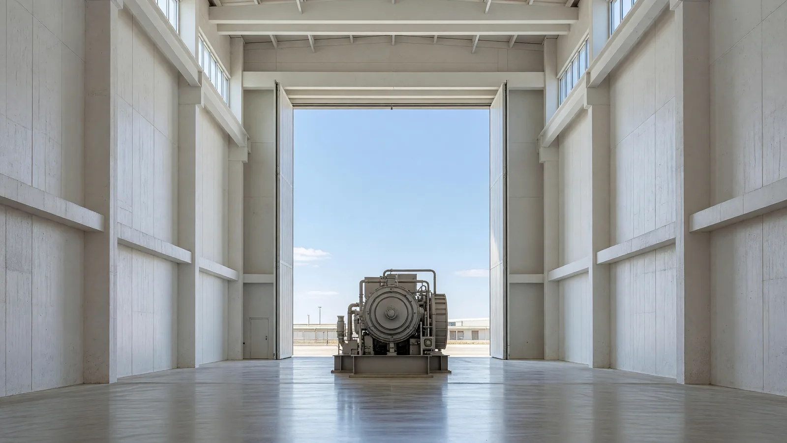A turbine-generator sits in a bright industrial hall, illustrating the modernization planned for Constellation nuclear plants under a conditional DOE commitment. Illustration: NNN