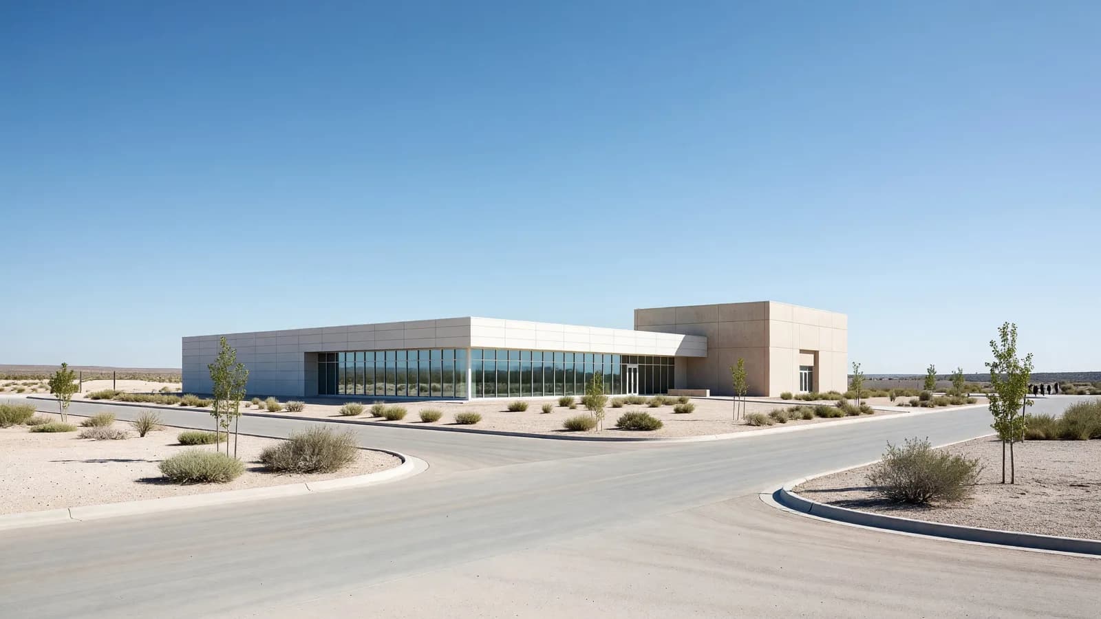 A modern national-laboratory nuclear research campus in open high desert under a clear blue sky, representing the DOE Genesis Mission's 278 projects. Illustration: NNN