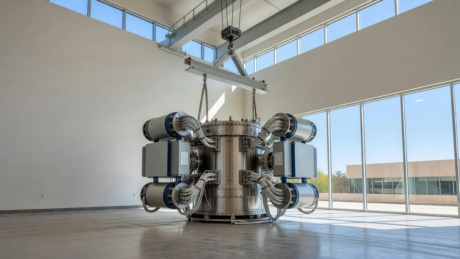 A compact tokamak fusion device under assembly inside a bright, modern experiment hall, representing the CFS SPARC digital twin funded in DOE's $159 million Genesis Mission Phase II round. Illustration: NNN