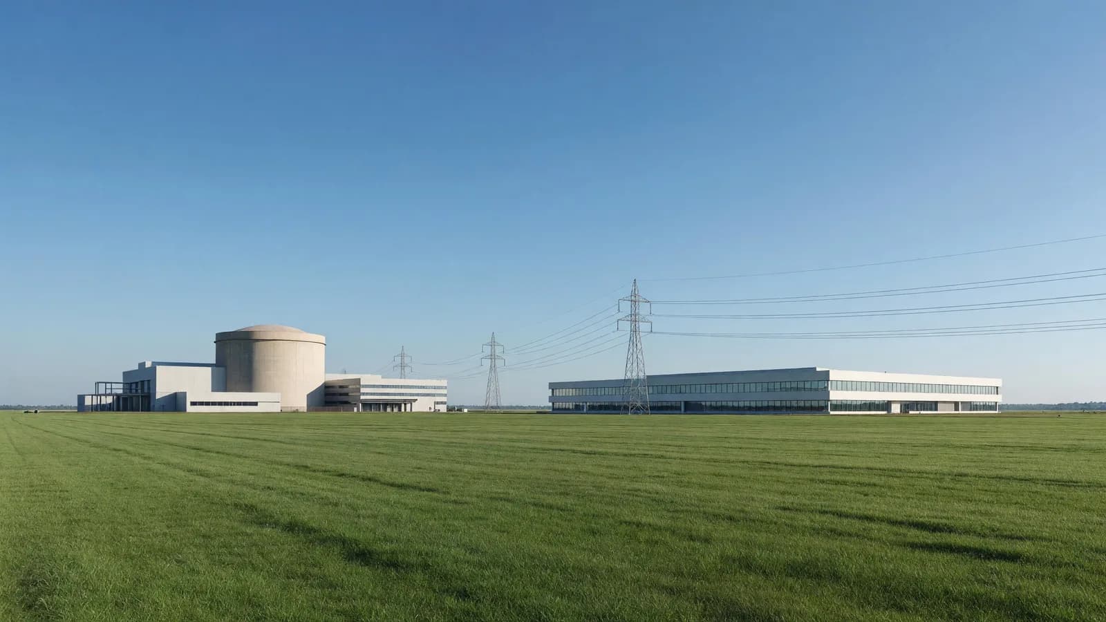 A nuclear power plant linked to a long modern data center across a green campus under a clear blue sky, representing the DOE Genesis Mission's AI-and-nuclear push. Illustration: NNN