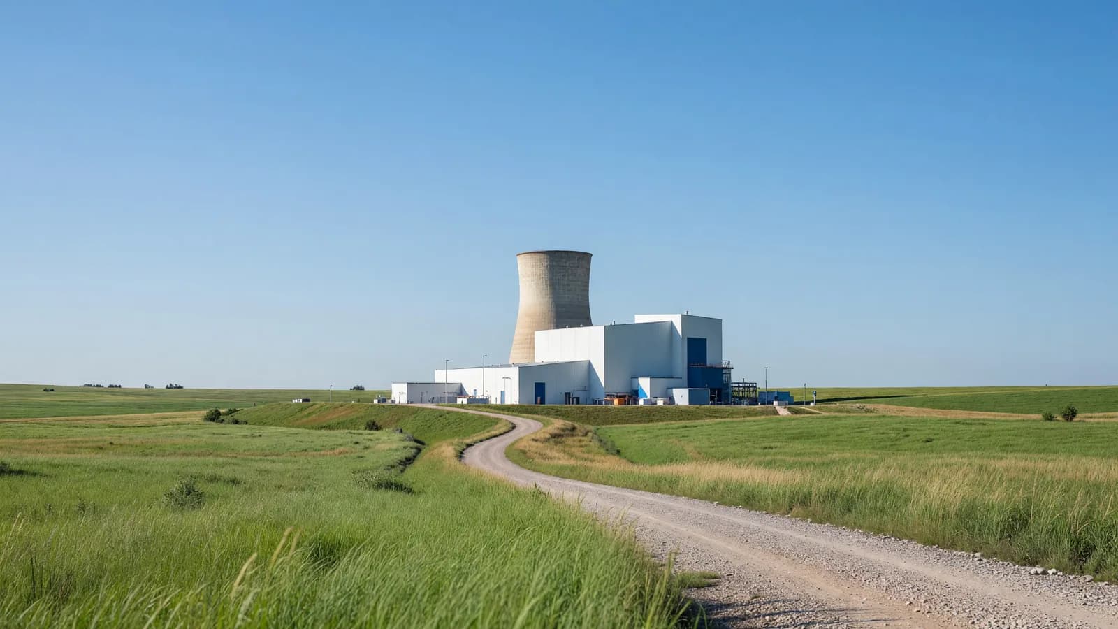 The Duane Arnold Energy Center nuclear plant in Iowa, with its reactor building and cooling tower set in the rural Cedar River valley, as federal financing moves the restart toward a 2029 return. Illustration: NNN