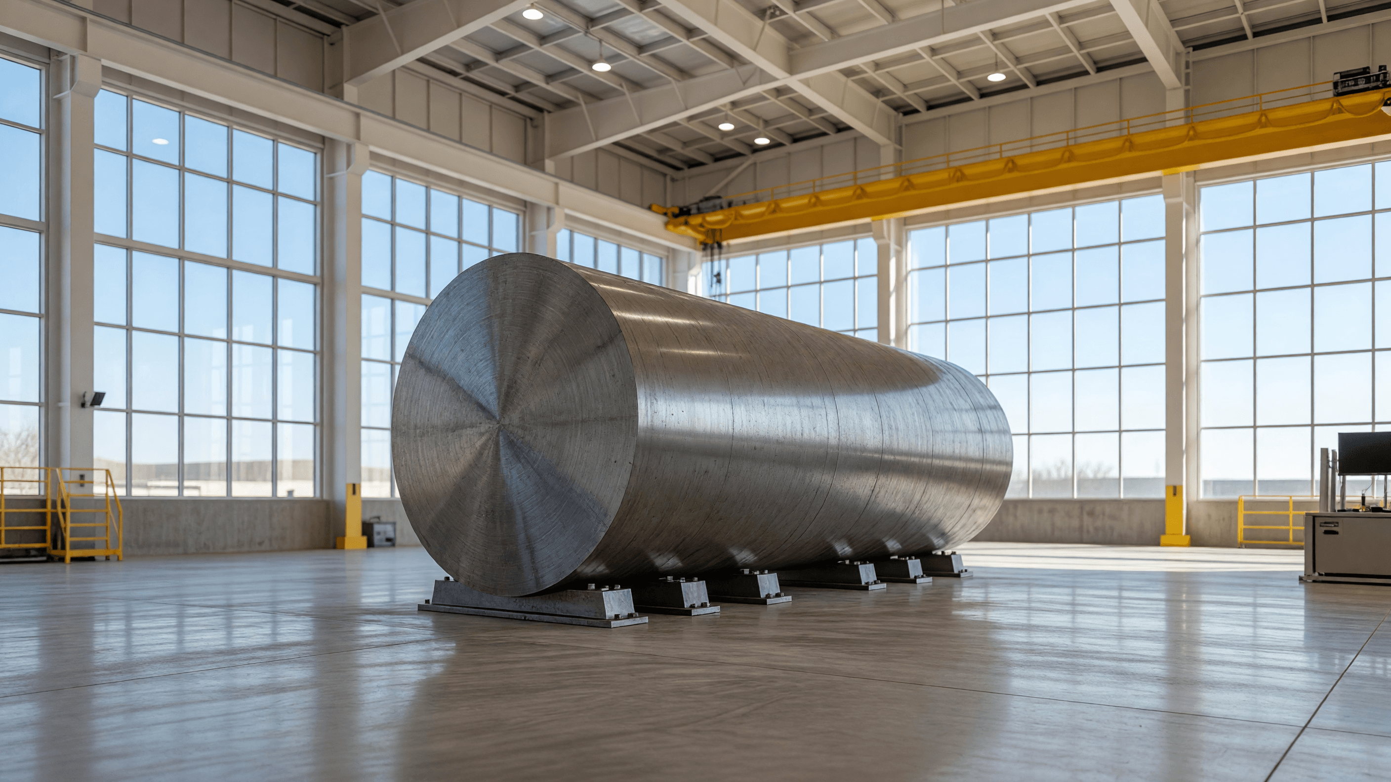 A finished nuclear reactor pressure vessel in a bright US fabrication hall — the industrial base DOE's $17.5bn supply-chain loans are meant to finance. Illustration: NNN