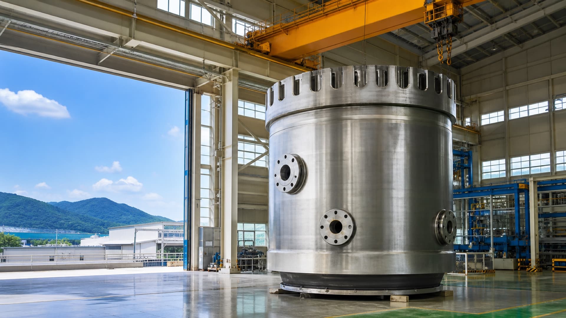 A large forged reactor component in a clean manufacturing bay, representing Doosan Enerbility’s Natrium supply contract. Illustration: NNN