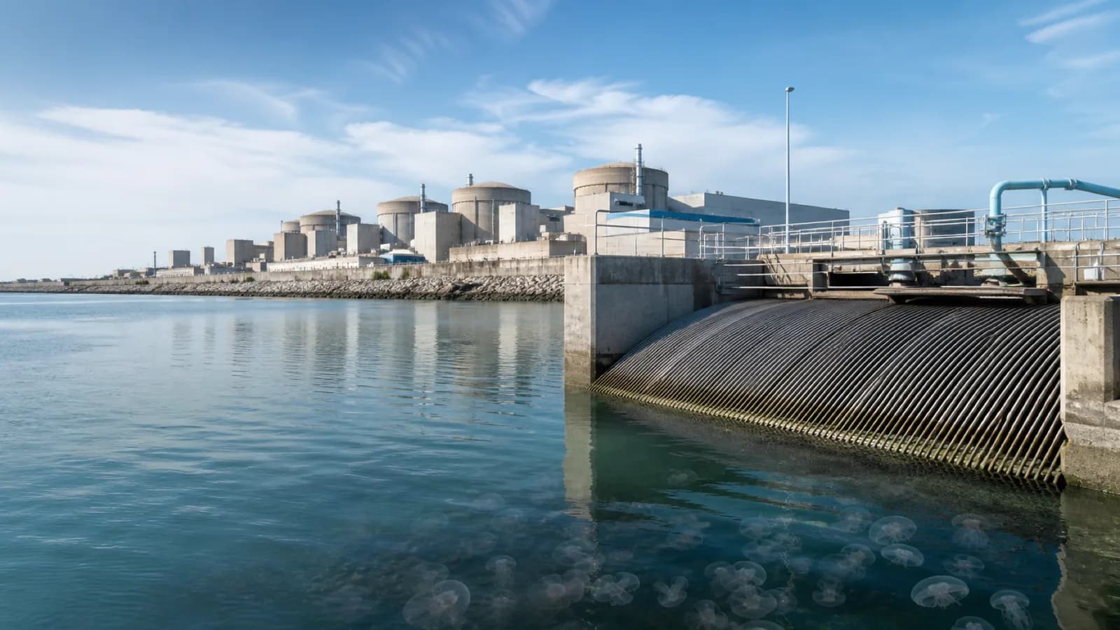 The Gravelines nuclear power station beside its seawater intake channel after jellyfish clogged cooling pumps. Illustration: NNN