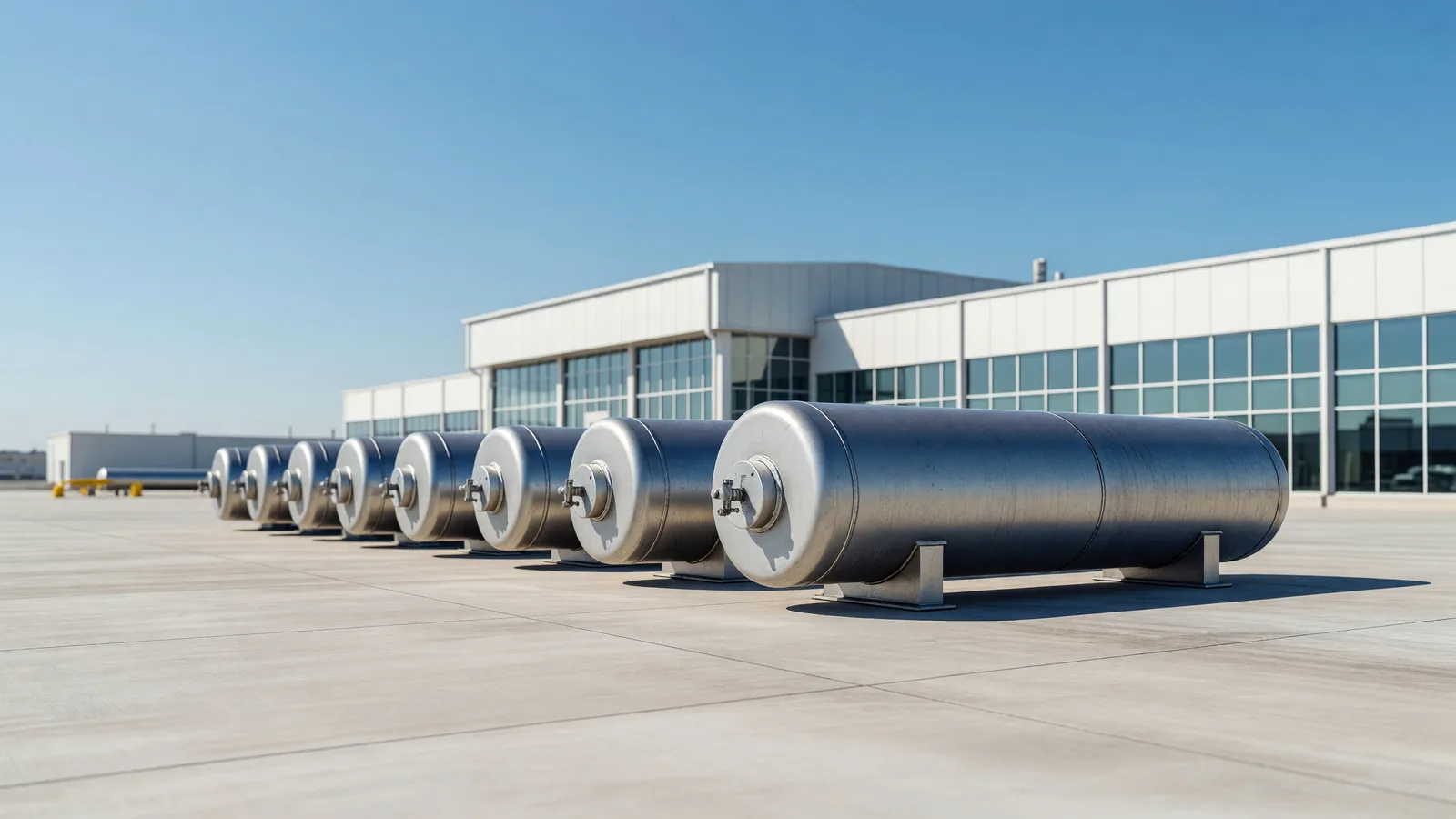 Sealed uranium hexafluoride cylinders in a licensed outdoor yard at a U.S. enrichment plant, the feedstock form that has to be enriched into HALEU before advanced-reactor fuel can be made. Illustration: NNN