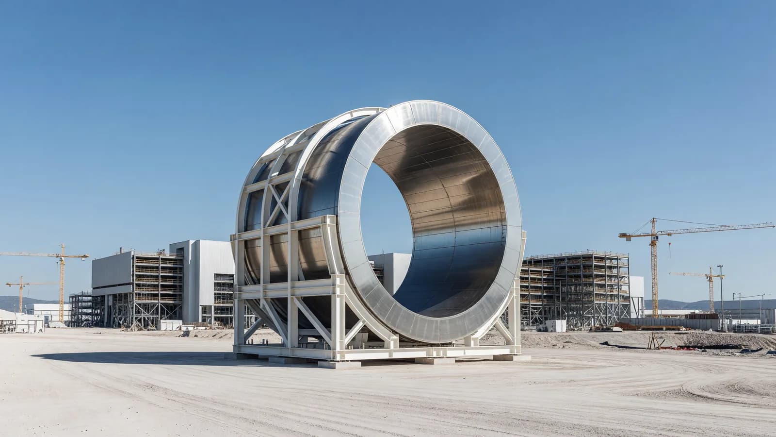A curved vacuum vessel sector rests on a transport frame at a fusion project construction site. It represents ITER's final sector delivery. Illustration: NNN.