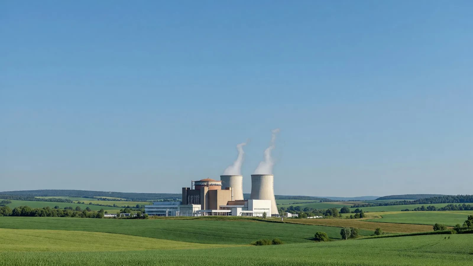 A European nuclear power plant with cooling towers in green rolling farmland under a clear blue sky, representing Mochovce Unit 4 preparing for start-up tests. Illustration: NNN