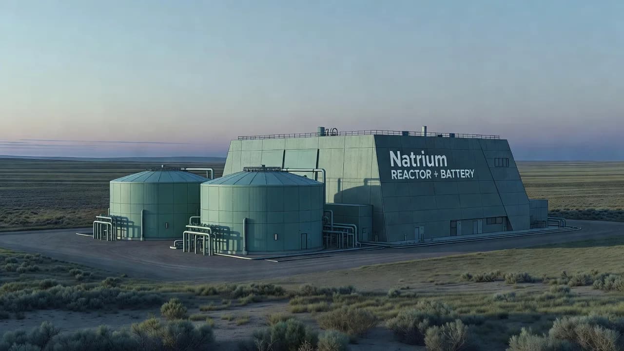 Molten-salt thermal storage tanks in front of the Natrium reactor building on Wyoming's high plains at dusk — the reactor-plus-battery design. Illustration: NNN