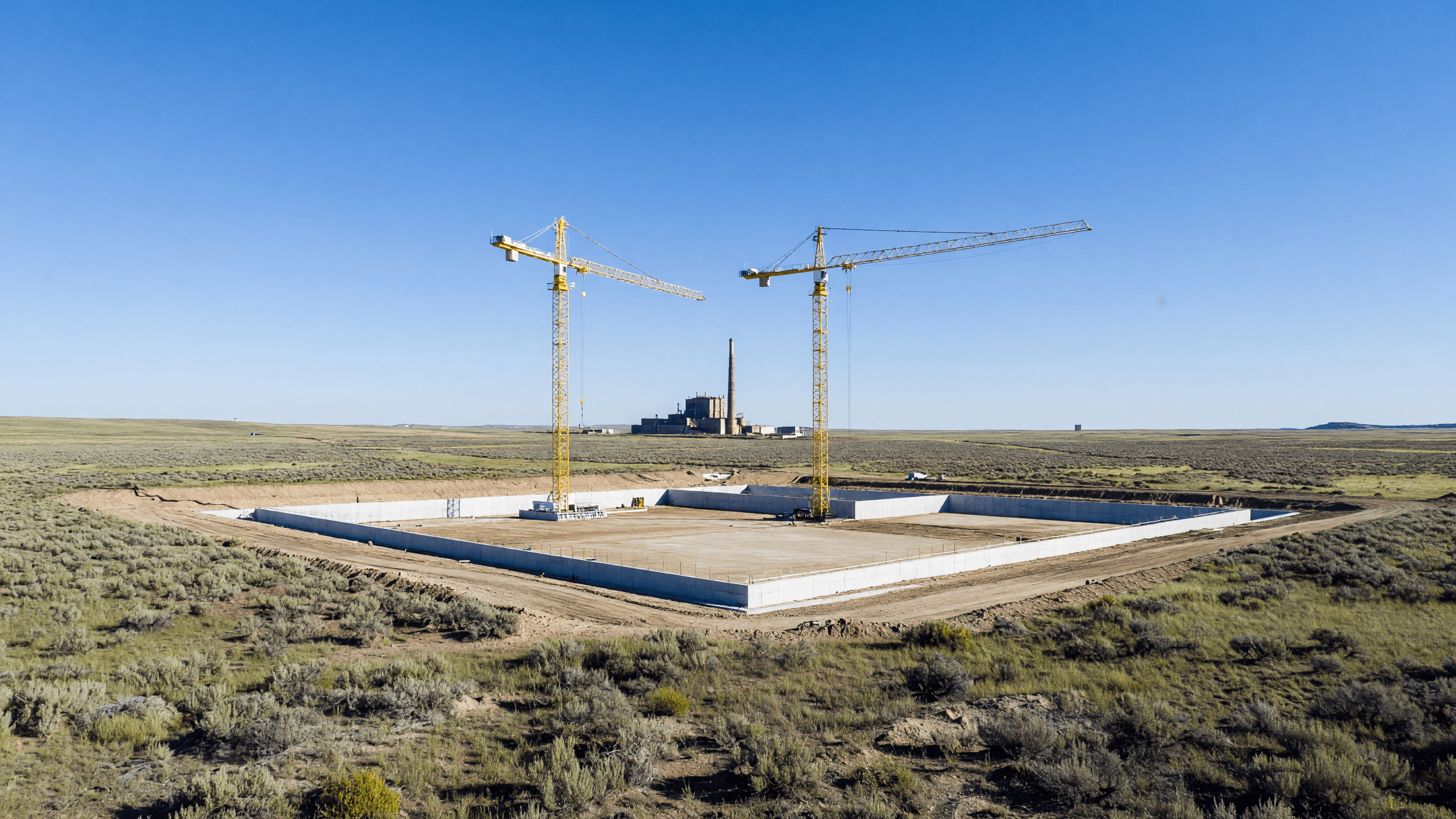 Tower cranes over the excavated nuclear-island foundation at the Kemmerer Natrium site, the retiring Naughton coal plant on the horizon — the timeline from coal town to first-of-a-kind fast reactor. Illustration: NNN