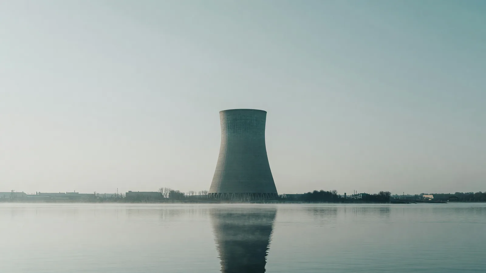 A natural-draft cooling tower rises over the Delaware River in morning haze — New Jersey's 1,100 MW nuclear procurement. Illustration: NNN