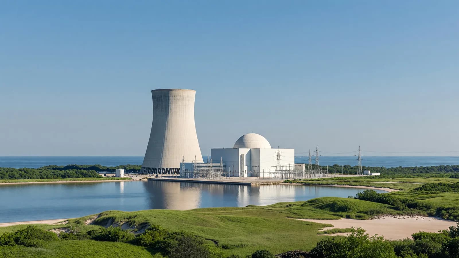 A coastal nuclear power plant with a cooling tower and containment dome beside calm water under a clear blue sky, representing New Jersey's 1,100 MW nuclear procurement timeline. Illustration: NNN