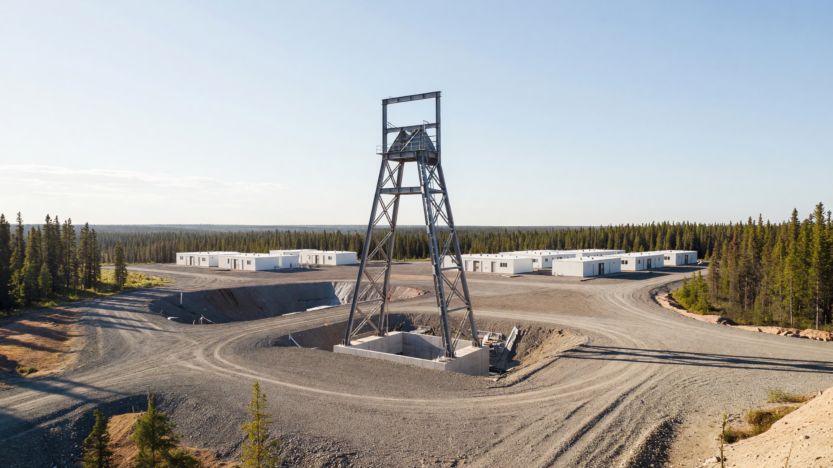 A mine headframe rising over a shaft collar at a northern Saskatchewan construction site, representing the start of construction at NexGen's Rook I uranium project. Illustration: NNN