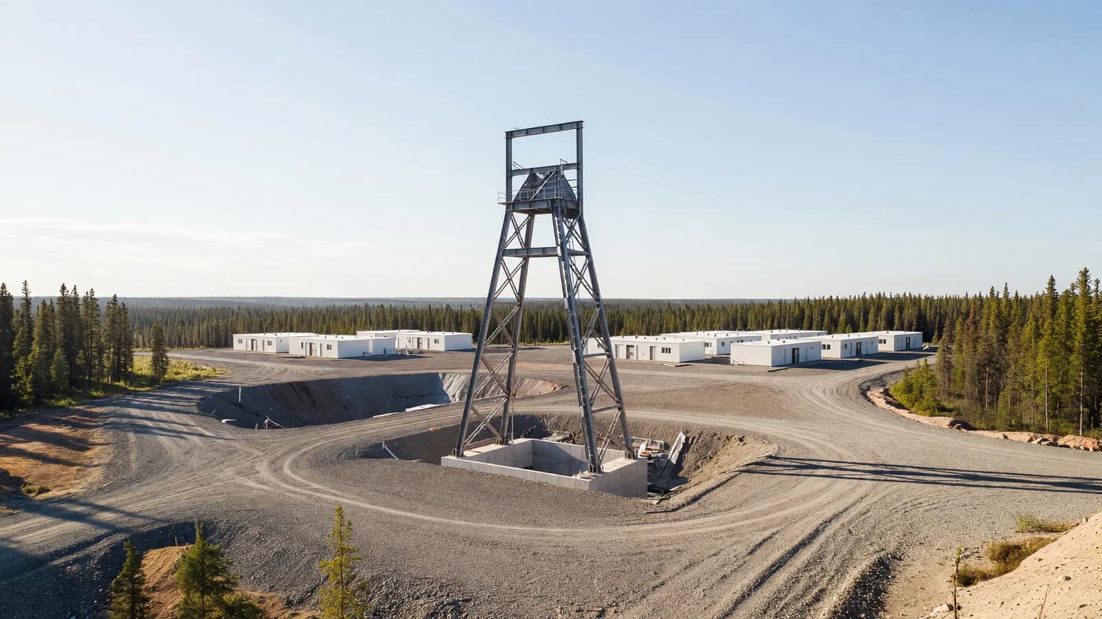 A mine headframe rising over a shaft collar at a northern Saskatchewan construction site, representing the start of construction at NexGen's Rook I uranium project. Illustration: NNN