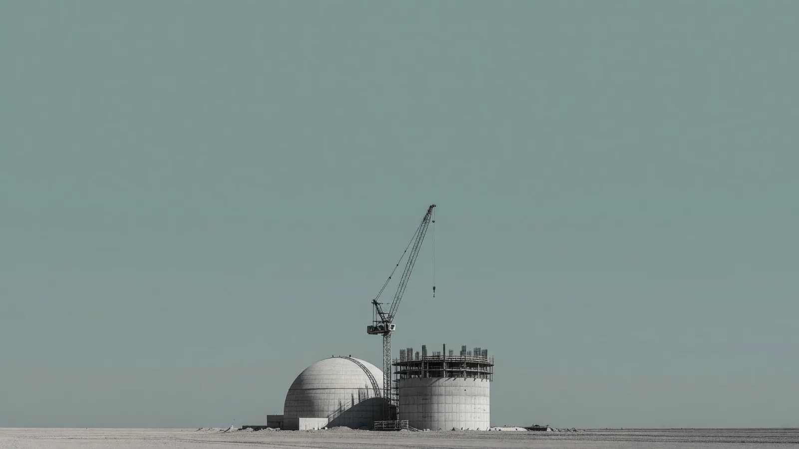 An AP1000-style containment and shield building under construction beside a tower crane. Illustration: NNN