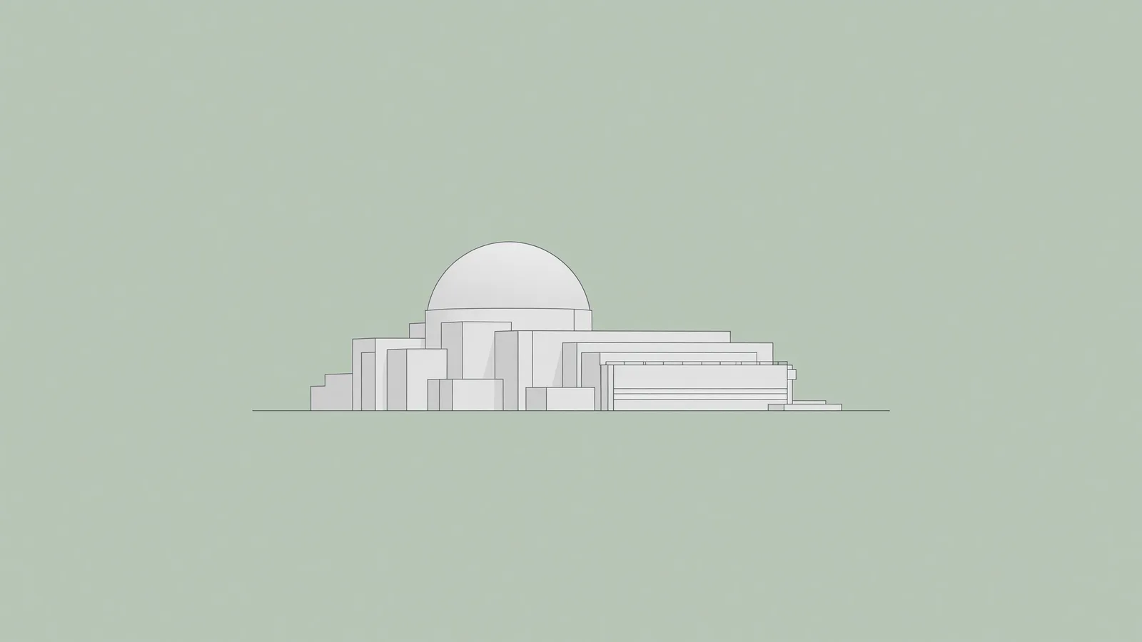 Architectural elevation of an AP1000-style pressurized-water plant — the design heading into certification renewal. Illustration: NNN