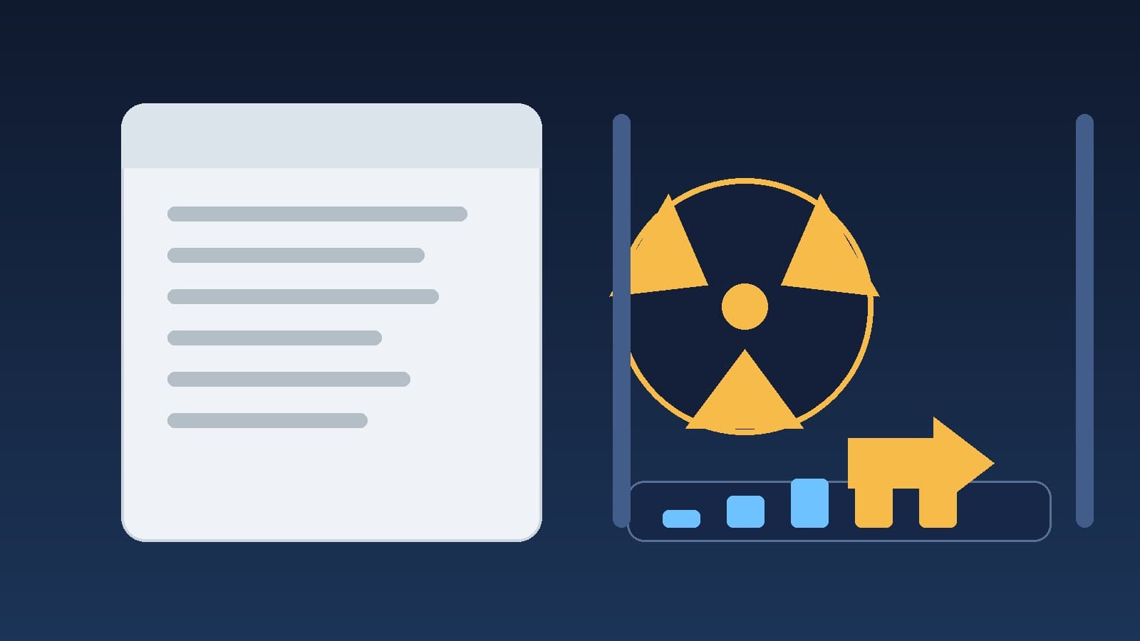Stylized editorial illustration of NRC radiation protection rules being rewritten into a graded approach, with a document, radiation symbol, and reactor silhouette.
