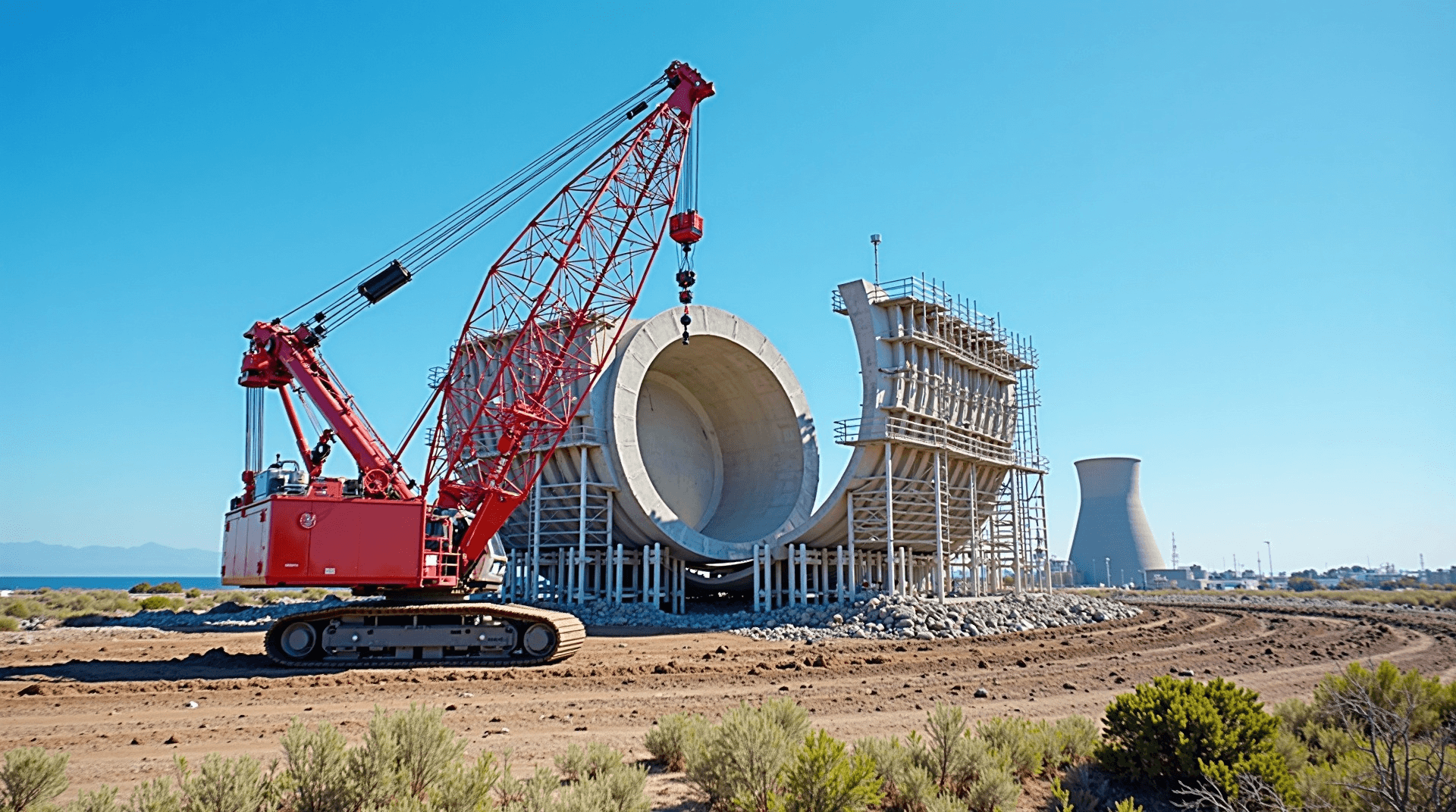 A crawler crane lifts a cut steel section from the containment dome of a retired US nuclear plant — the dismantling work at the center of an $8–11bn global decommissioning market. Illustration: NNN