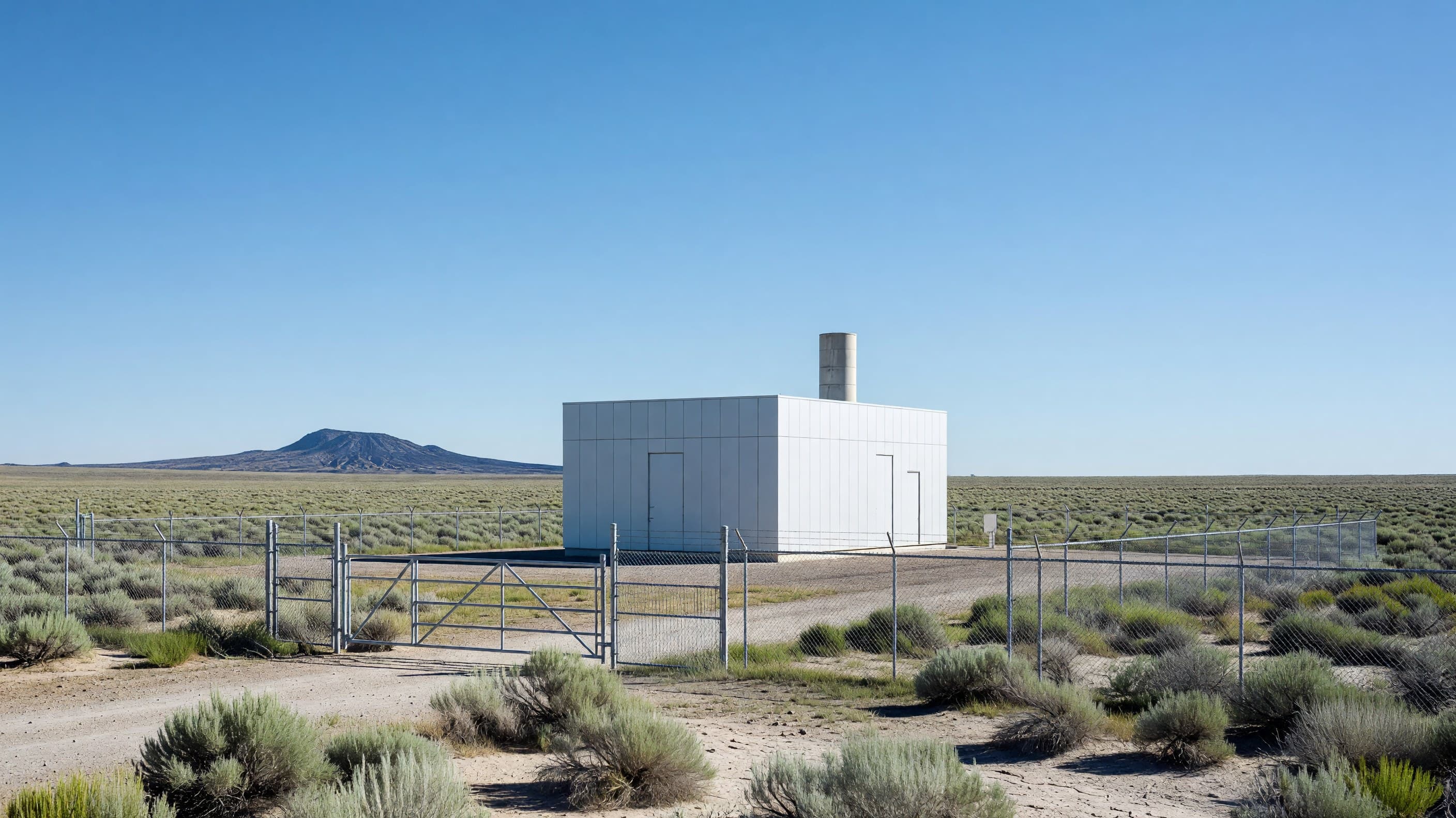 A compact advanced test-reactor building behind a perimeter fence on a leased desert plot at Idaho National Laboratory, the kind of privately funded, DOE-authorized facility the Nuclear Energy Launch Pad exists to site. Illustration: NNN