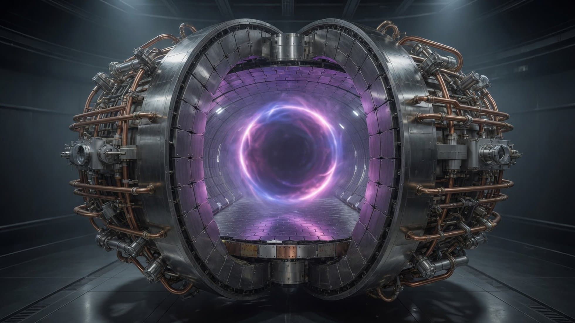A fusion reactor seen head-on through its open vacuum vessel: a luminous ring of plasma circulates inside the tiled chamber, held off the walls by magnetic fields at over 100 million degrees. Illustration: NNN.