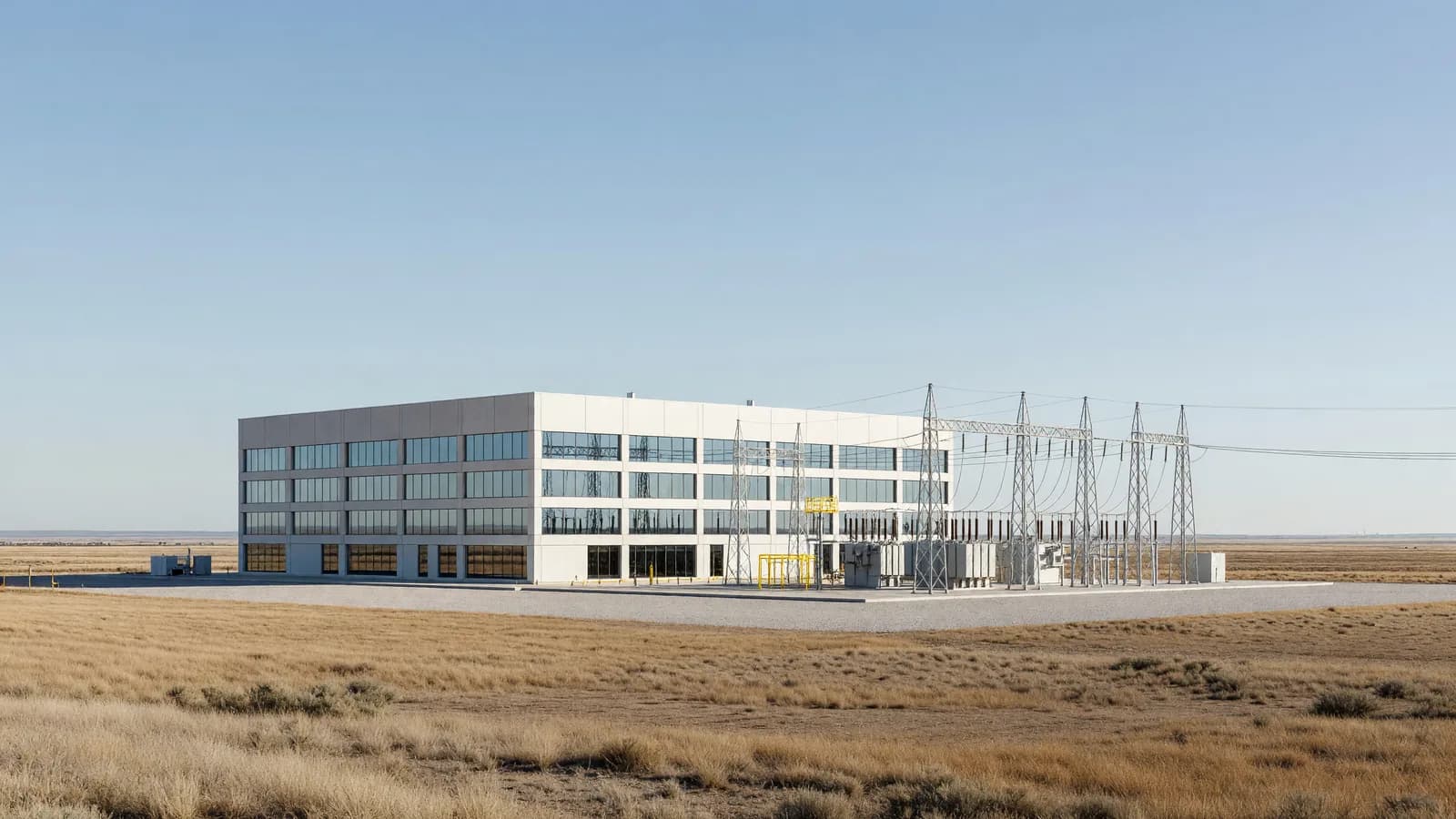 An American hyperscale data center beside a high-voltage substation, illustrating the infrastructure nuclear power could support. Illustration: NNN