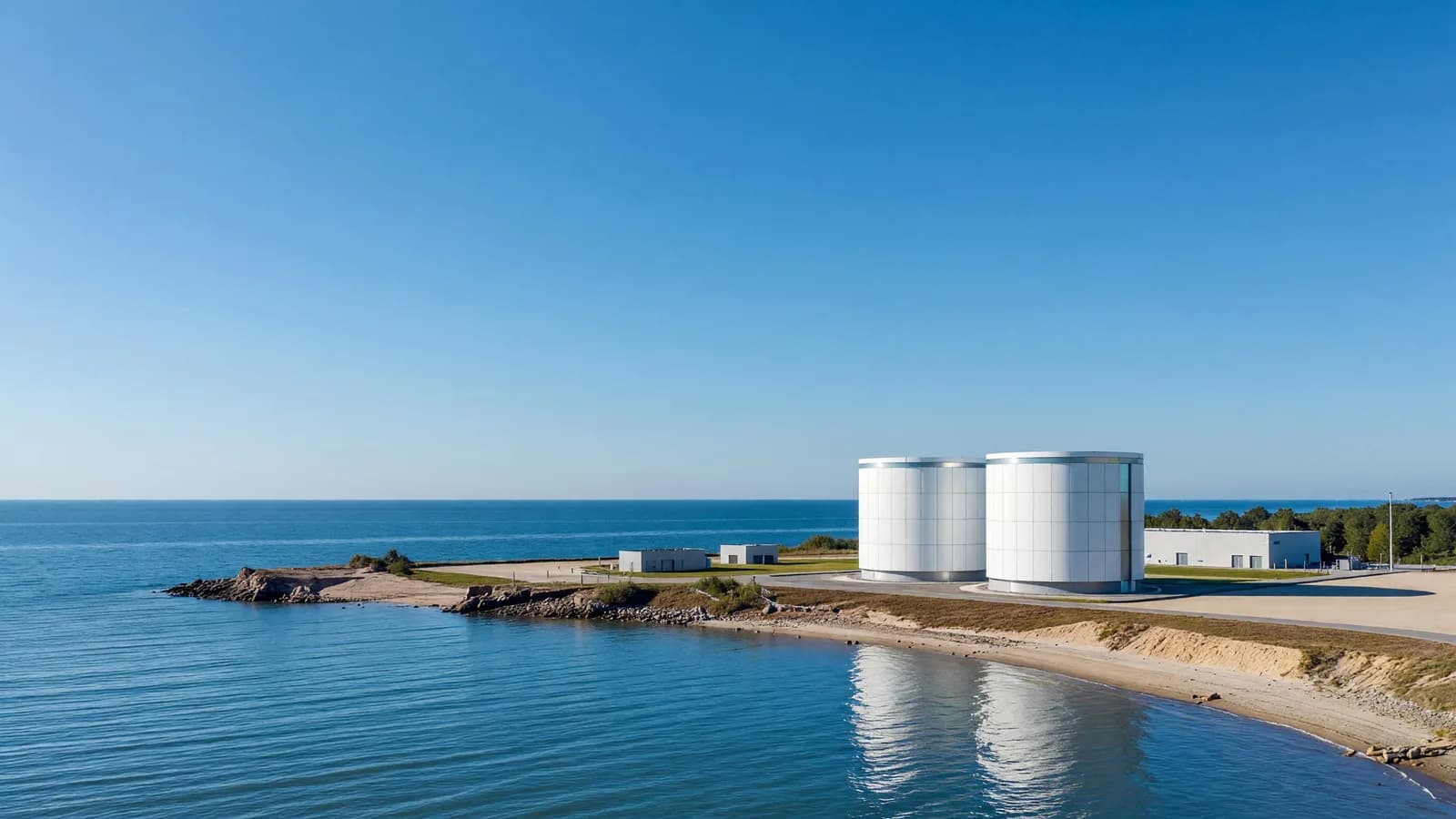 A coastal nuclear plant site beside calm water — illustrating Russia's Kola site licences. Illustration: NNN