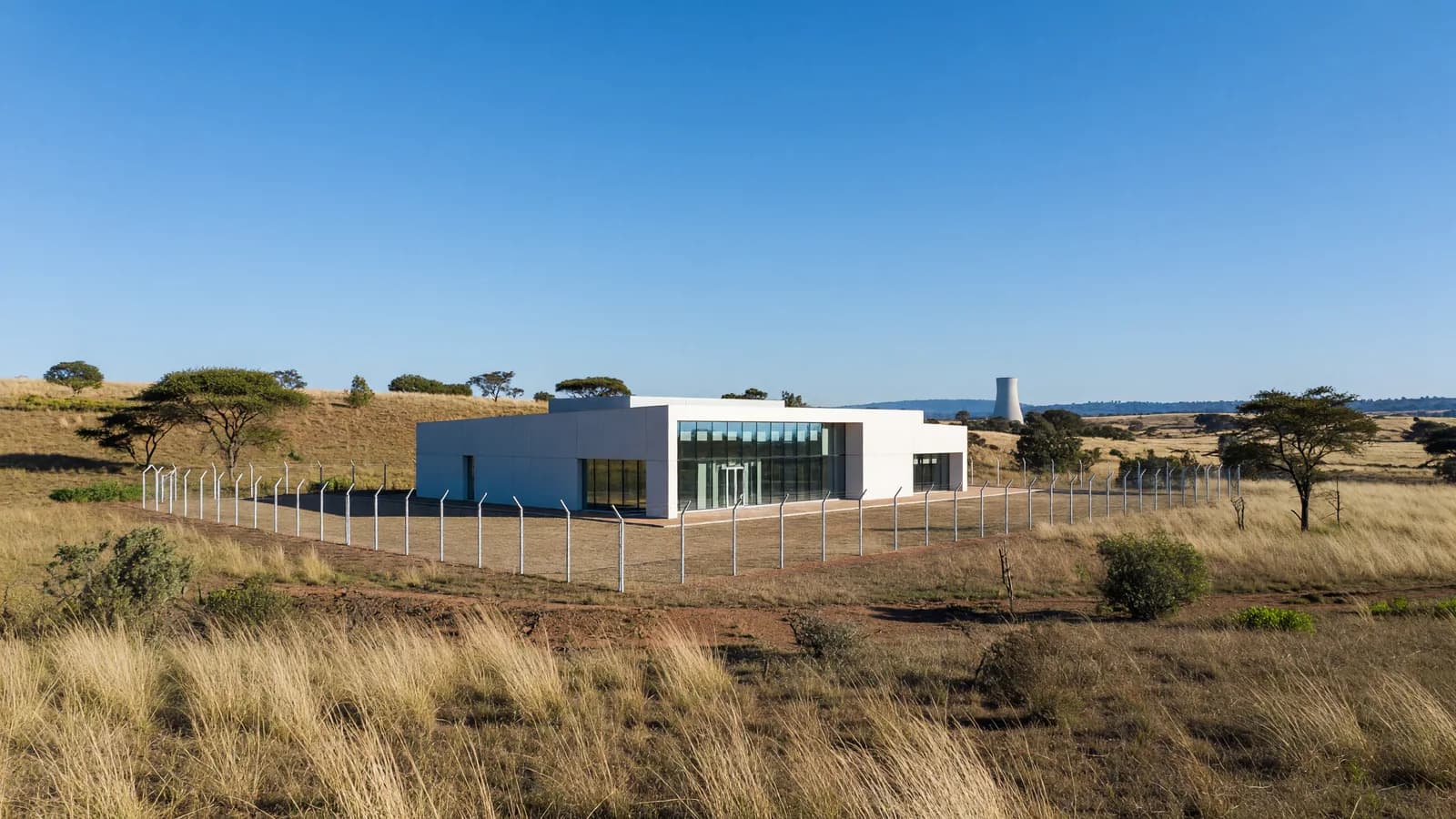 A secured nuclear research campus building in a dry South African landscape, representing the planned QLE–Necsa HALEU project at Pelindaba. Illustration: NNN