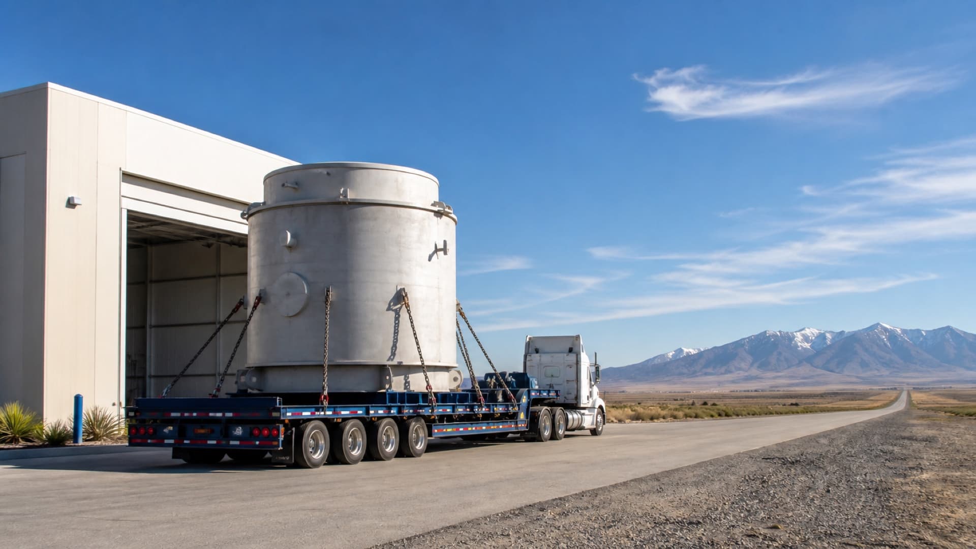 Radiant’s Kaleidos microreactor secured on a trailer during its journey to Idaho National Laboratory. Illustration: NNN