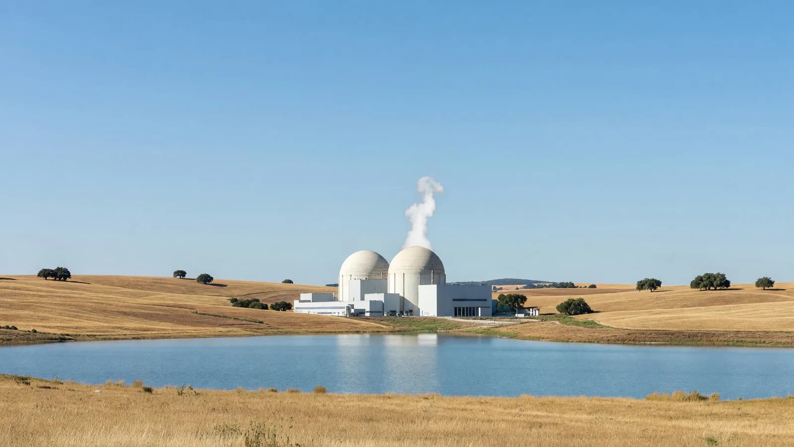 Twin containment domes of the Almaraz nuclear plant beside its cooling reservoir in Extremadura, whose operating licence Spain has renewed until June 2030. Illustration: NNN