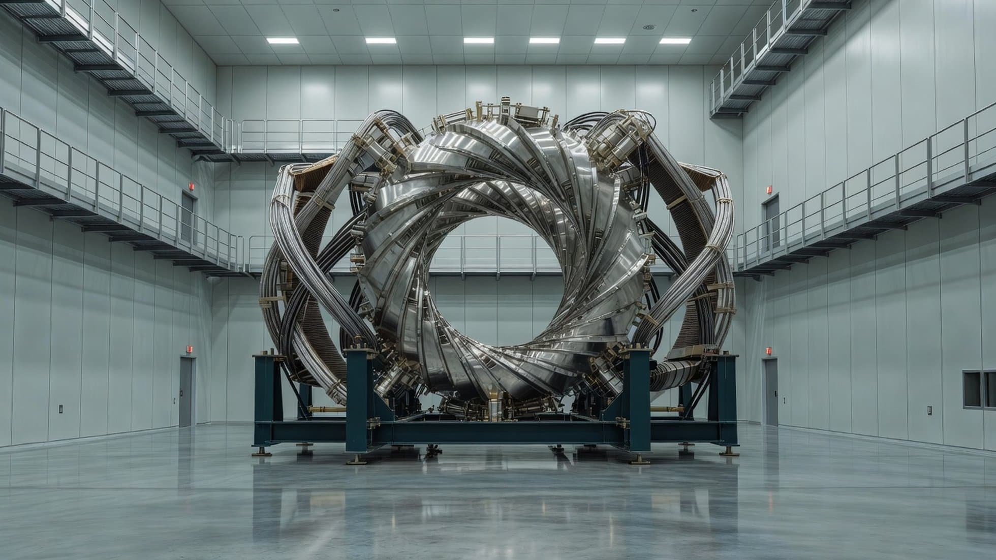 A stellarator fusion device rendered over the site of TVA's retired Bull Run coal plant in Clinton, Tennessee — the first fusion project licensed under a state fusion-specific framework. Illustration: NNN.