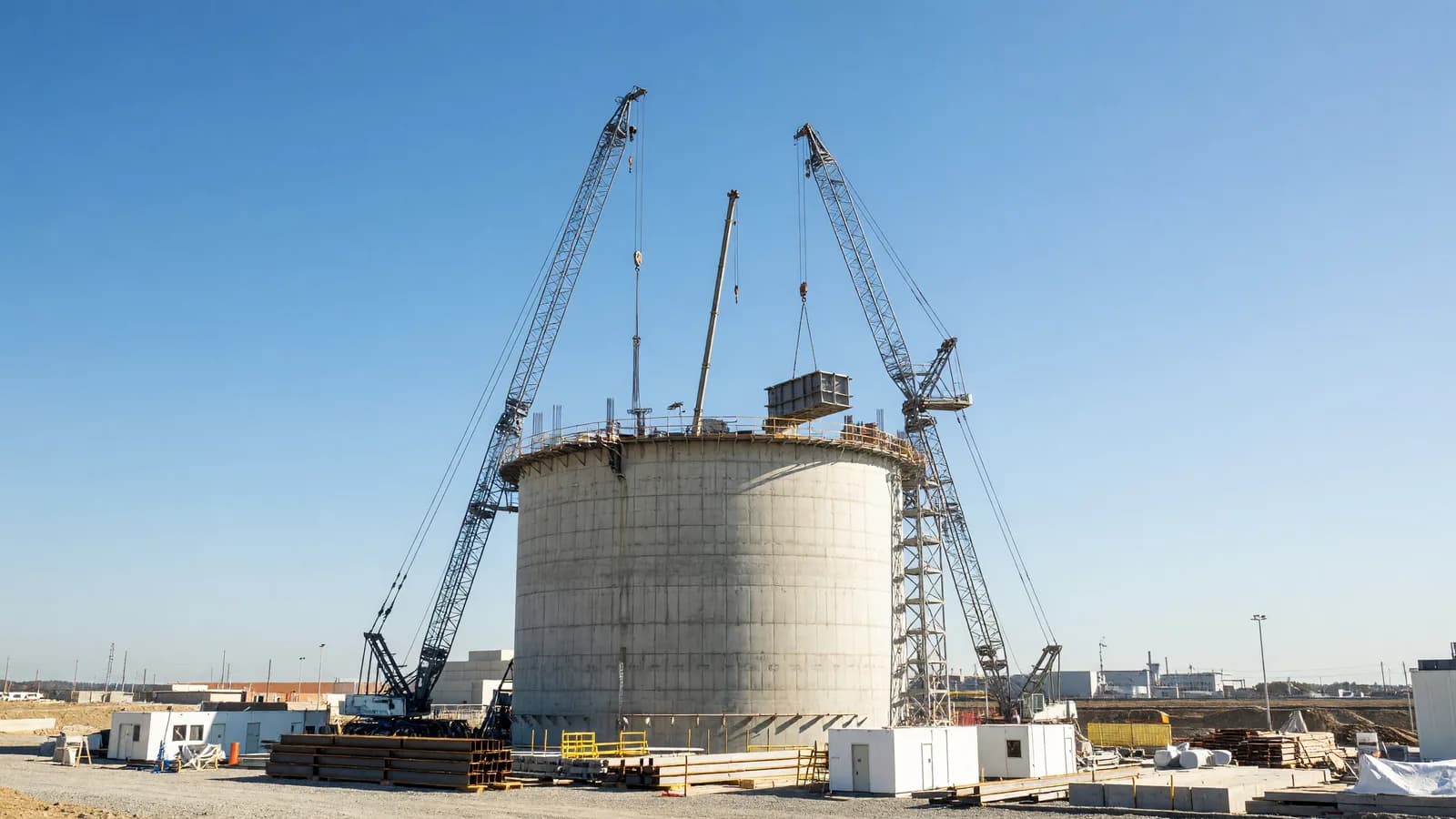 A BWRX-300 containment under civil construction at Darlington in Ontario, with cranes and fresh concrete — GE Vernova Hitachi leads the 2026 SMR ranking. Illustration: NNN