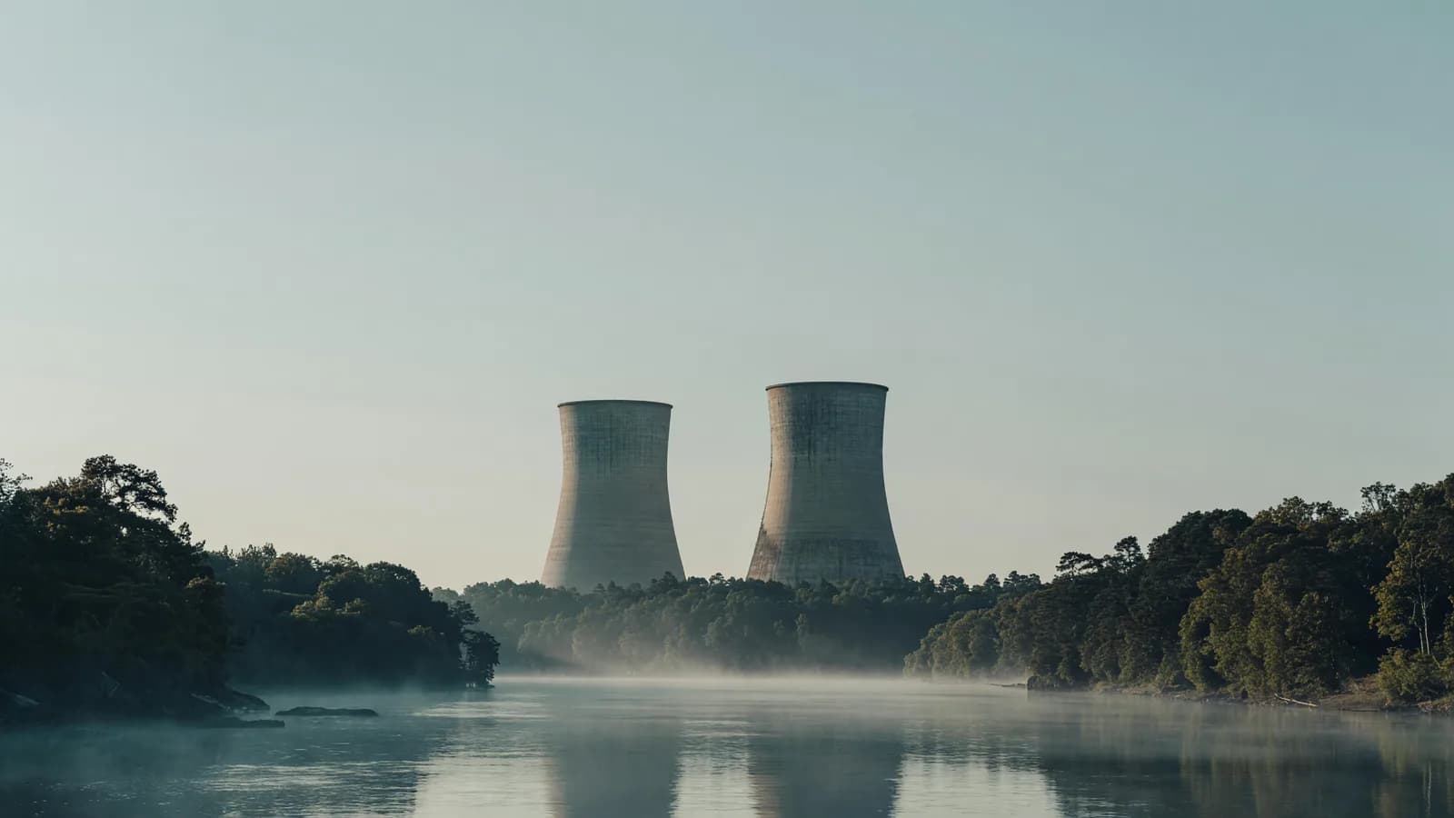 Twin cooling towers above a misty Tennessee river valley at dawn — advanced nuclear enters TVA's grid plan. Illustration: NNN