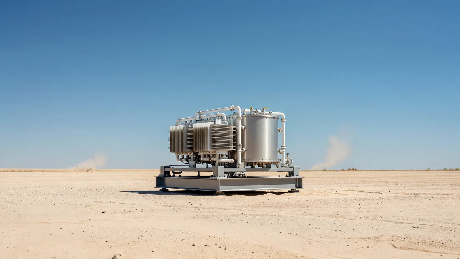 A pickup-bed-sized microreactor skid, Deployable Energy's 1 MWe Unity nuclear battery, on a desert test pad at Idaho National Laboratory, the reactor at the center of a viral Australian nuclear-ban debate. Illustration: NNN