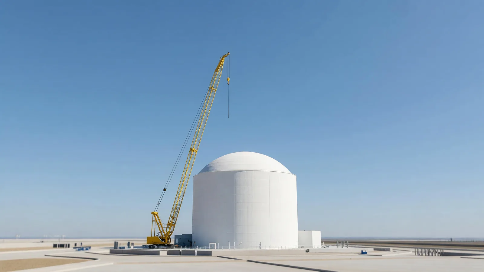 A single nuclear plant containment building under construction beside a crane, illustrating the proposed US–South Korea reactor program. Illustration: NNN
