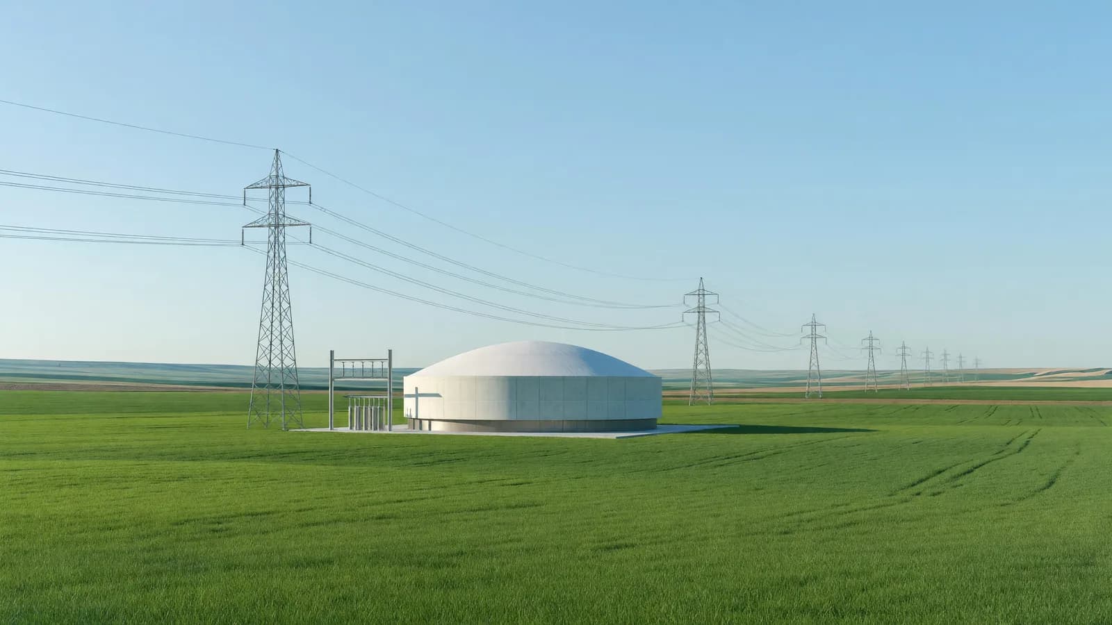 A compact nuclear reactor building standing in open farmland, the kind of rural generation asset USDA's new $175 million Affordable Rural Cooperative Program will help electric co-ops buy, build, or restart. Illustration: NNN
