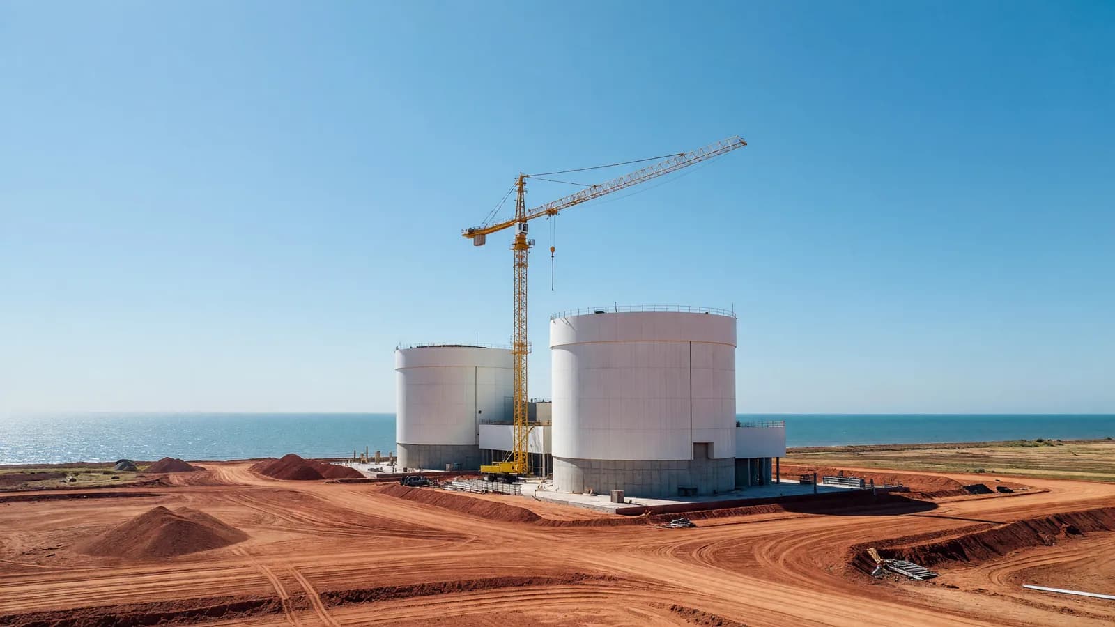 Two white concrete reactor containment buildings under early construction beside a yellow tower crane on a cleared red-earth coastal site in southern Vietnam, representing the country's dual-track Ninh Thuan nuclear build with Rosatom and South Korea. Illustration: NNN