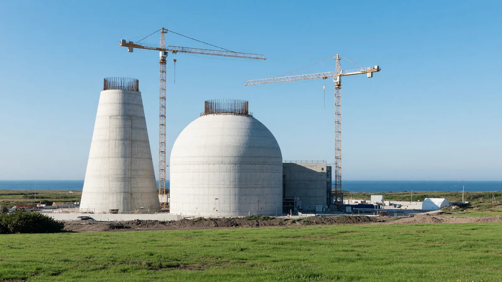 Twin AP1000 reactor containment domes under construction on a coastal site with tower cranes overhead, representing the reported Korea-US package for up to eight US reactors that leads this week's roundup. Illustration: NNN