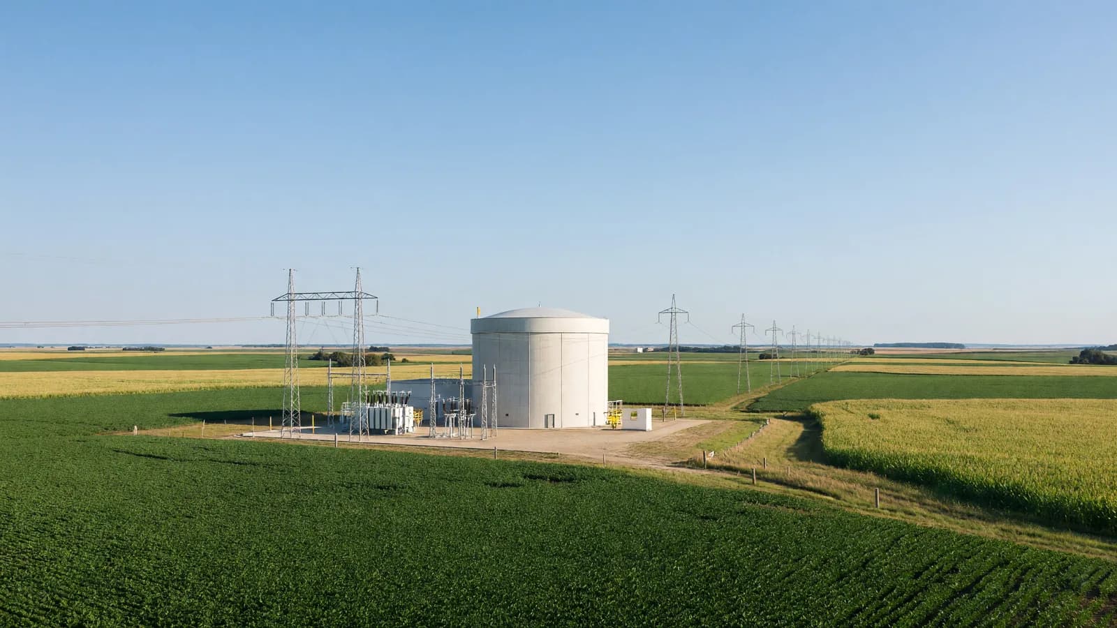 A compact nuclear generating station beside Midwestern farmland and power lines, illustrating USDA's new financing route for rural electric cooperatives to access nuclear power. Illustration: NNN
