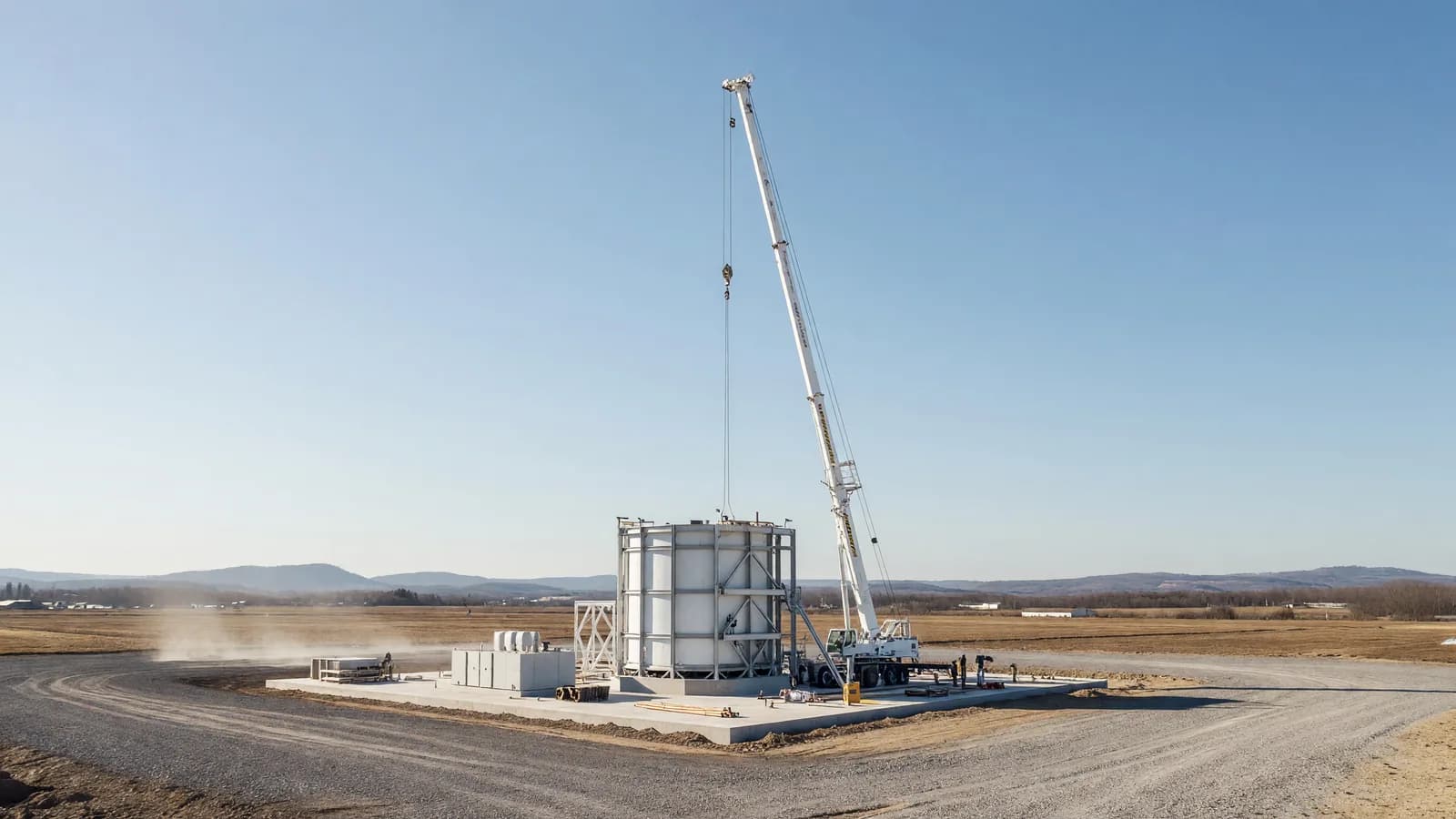 A crane lifts equipment at a single reactor construction site, representing TVA's new Clinch River BWRX-300 construction permit. Illustration: NNN