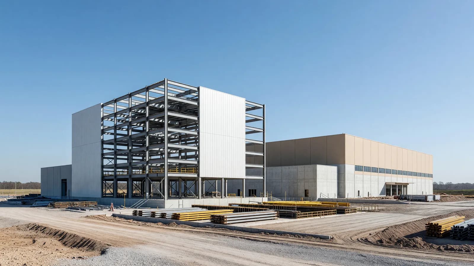 A new LEU+ fuel fabrication building rises beside the Columbia Fuel Fabrication Facility in South Carolina, where Westinghouse has begun a $1 billion expansion. Illustration: NNN