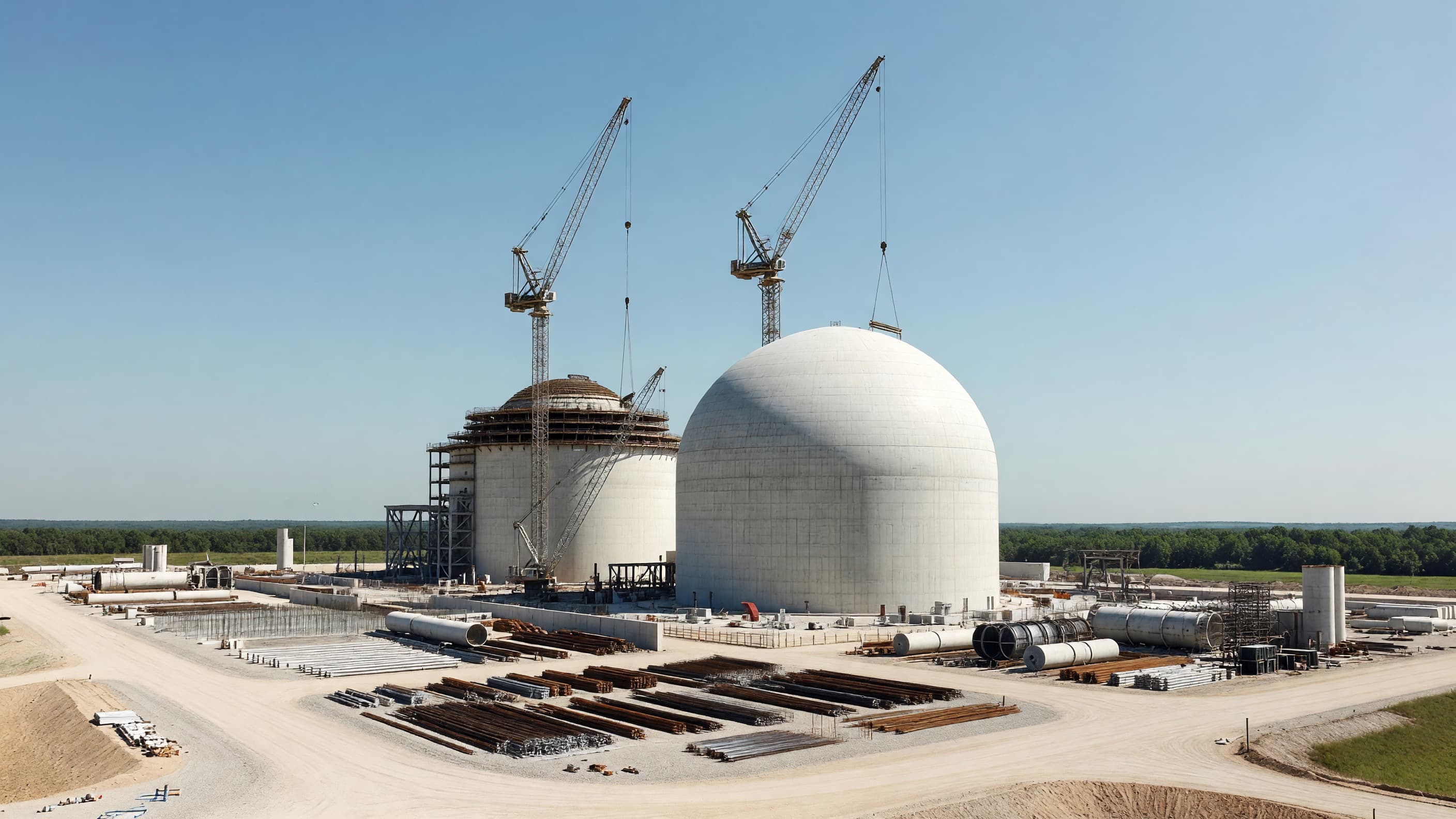 Twin AP1000 reactor containment domes under construction with cranes under a bright summer sky, representing the Westinghouse AP1000 build pipeline. Illustration: NNN